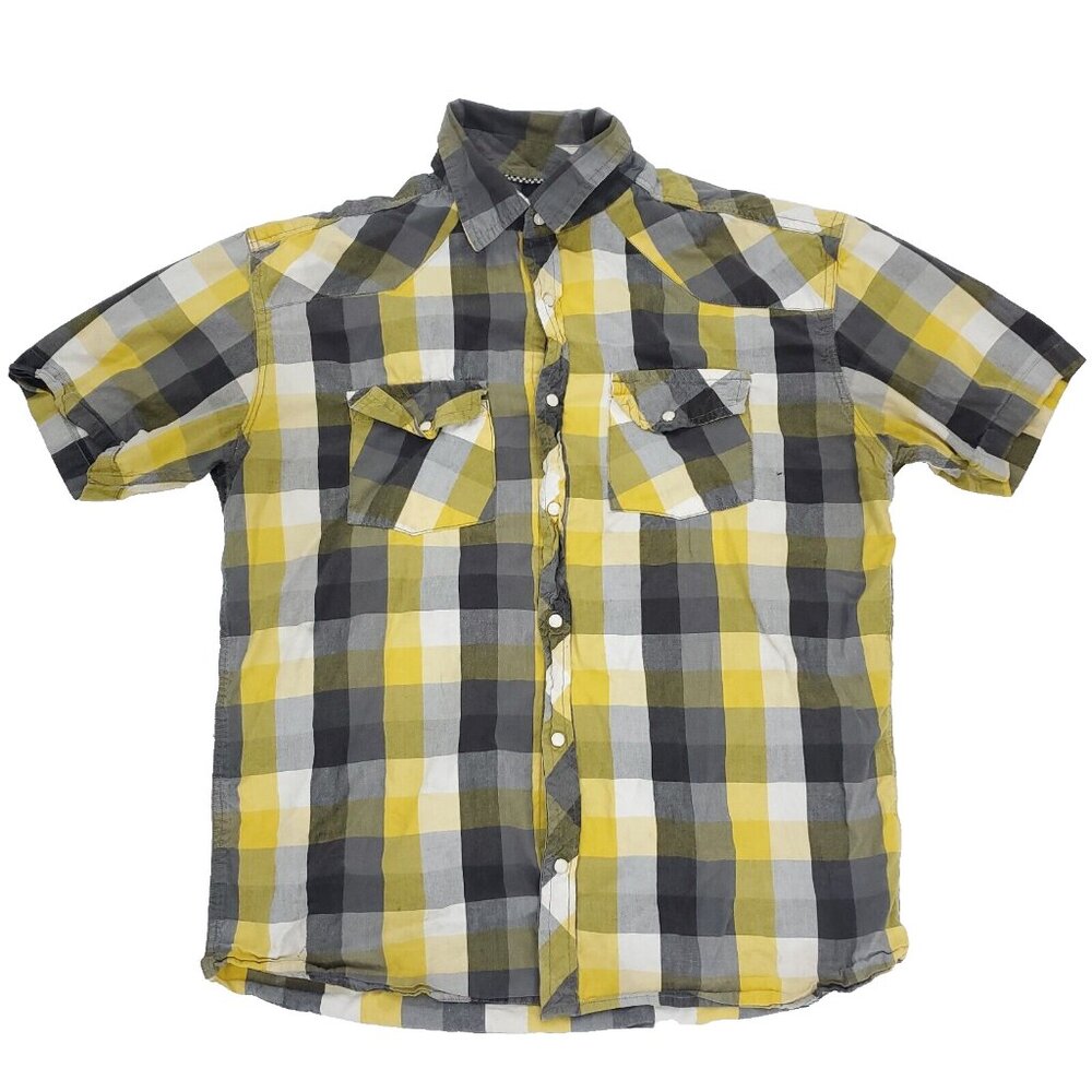 Point Zero Snap Button Shirt Mens XL Yellow Gray Plaid Pockets Short Sleeve
